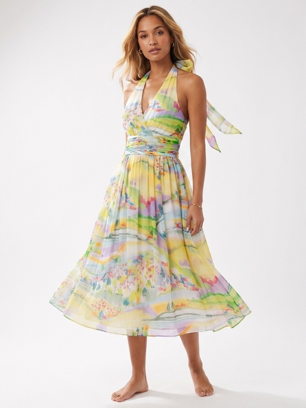 Maggy London Watercolor Pleated Halter Midi Dress Size 10 Acetate & Silk 100%
